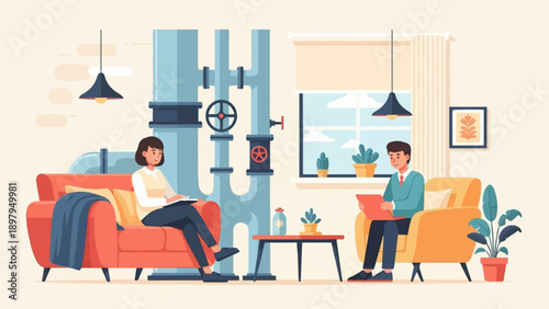 Two people in a living room with pipes and plants