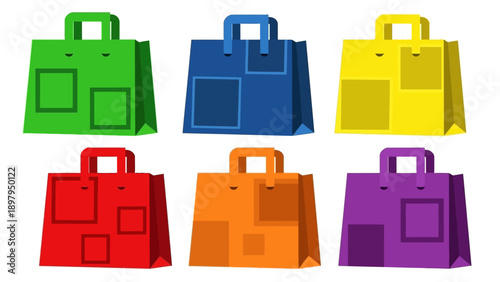 Set of six colorful shopping bags, isolated on white background, studio shot