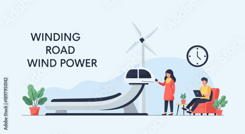 Two people interacting with technology near a wind turbine and a clock