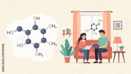 Two people learn about chemistry on a sofa with molecule diagrams