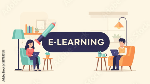 Two people learn online at home with laptops, framed by home decor elements