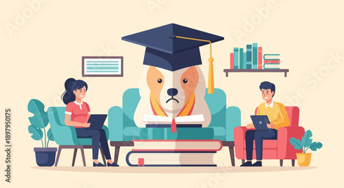 Two people learning online with a graduating dog