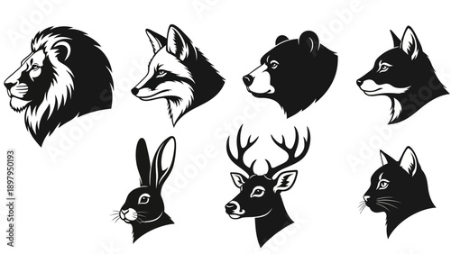 Set of Stylized Animal Head Silhouettes: Lion, Fox, Bear, Wolf, Rabbit, Deer, Cat
