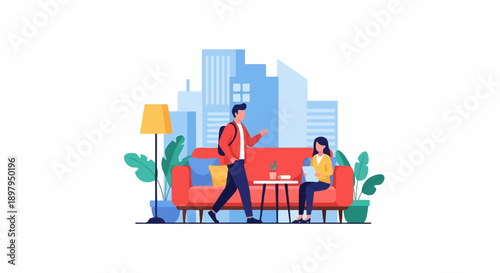 Two people in a modern living room with city skyline backdrop