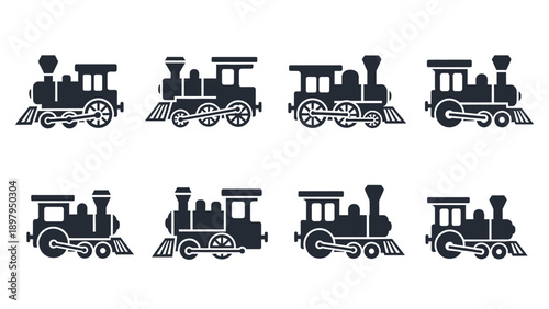 Set of Vintage Steam Locomotive Icons, Classic Train Silhouettes for Transportation and Industry Themes