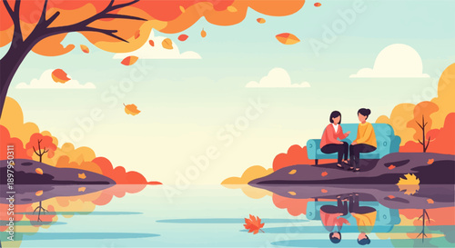 Two people on a couch by a lake during autumn with falling leaves