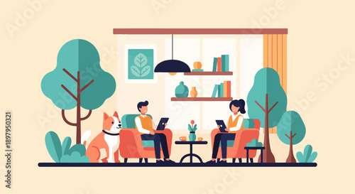 Two people and dog relaxing indoors with laptops and plants