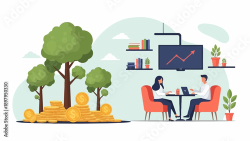 Two people discuss finances near trees and stacks of coins, with a chart displayed