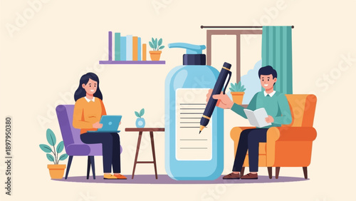 Two people in a room, one on a laptop, the other writing with a pen on a large bottle