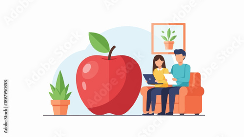 Two people on a couch with a laptop and paper, large apple, and potted plants
