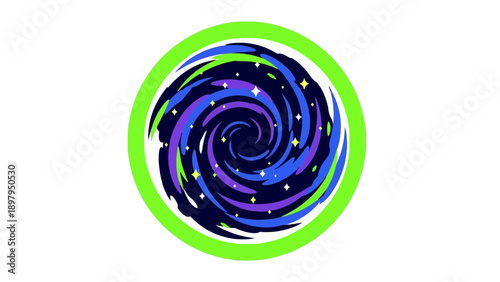 Swirling Galaxy Vortex with Stars and Nebula in a Green Circle