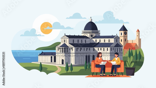 Two people discuss papers on a couch before a grand cathedral by the sea