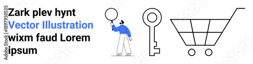 Man holding round balloon, large key icon, outlined shopping cart. Ideal for marketing, e-commerce, security, teamwork, concepts, brainstorming and a simple landing page