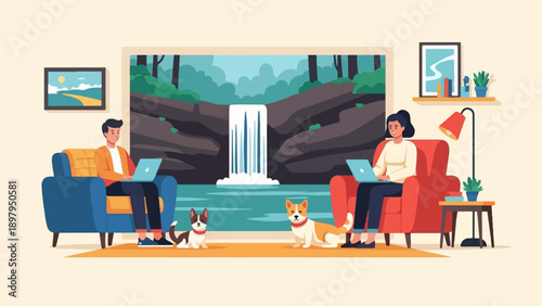 Two people and dogs work on laptops in a room with a waterfall view