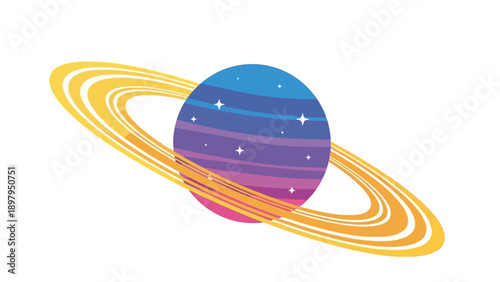 Vibrant Saturn Planet with Colorful Rings and Stars in Outer Space Illustration