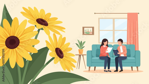 Two people discussing documents on a sofa with sunflowers nearby