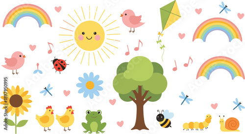Cute spring nature vector set with animals, sun, rainbow, tree, flowers, insects and playful cartoon elements