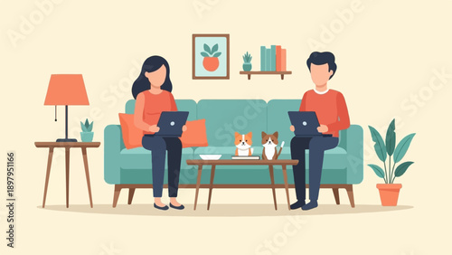 Two people and two dogs working on laptops in a cozy living room