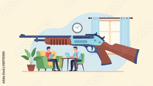 Two people engage in quiet activities under a giant rifle