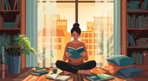 Cozy Reading Nook Vector Illustration Woman Relaxing with a Book by the Window