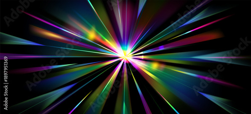 Rainbow light speed motion effect, starburst prism flare on black background abstract vector illustration. 3d explosion with holographic spectrum gradient, radial halo lines, glowing rays and beams