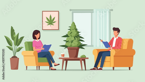 Two people in armchairs with a marijuana plant in a pot