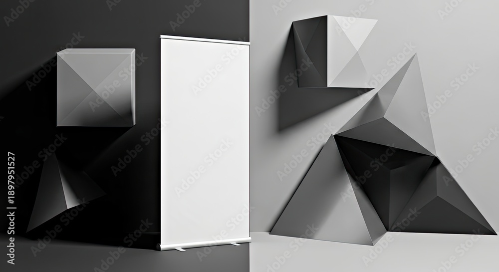 Fototapeta premium Modern Geometric Shapes and White Banner Roll up Backdrop