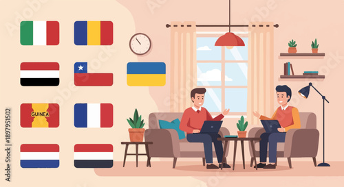 Two people on couches working on laptops with country flags