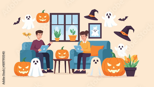 Two people on couches with laptops, surrounded by Halloween decorations