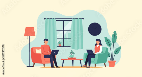 Two people are sitting in comfortable chairs, each working on a laptop in a cozy living room