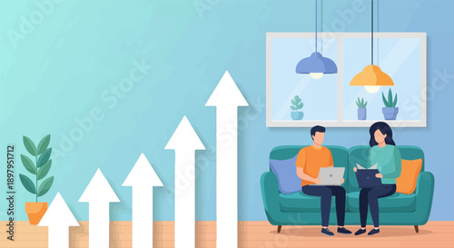 Two people on sofa with laptops, growth arrows and plants