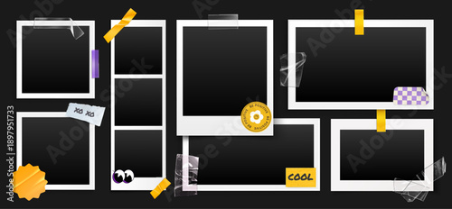 Vintage photo collage with white paper frames, transparent adhesive tape and yellow Y2K stickers. Realistic vector illustration of nostalgic scrapbook aesthetic, retro camera memories.