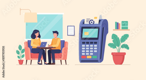 Two people at a table with a laptop, a payment terminal, and plants