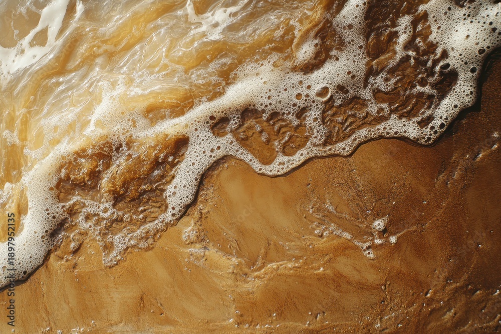 Obraz premium Closeup view of sandy beach covered in small waves with rich textures and foam during sunlight reflecting on the water at a coastal location