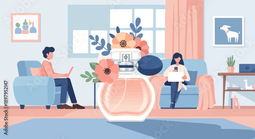 Two people relax indoors near a large perfume bottle adorned with flowers