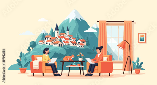 Two people read in a cozy room overlooking a village nestled in mountains