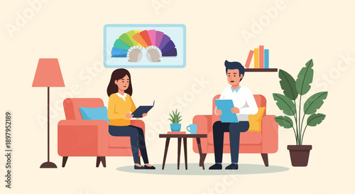 Two people in cozy living room discussing something from a book