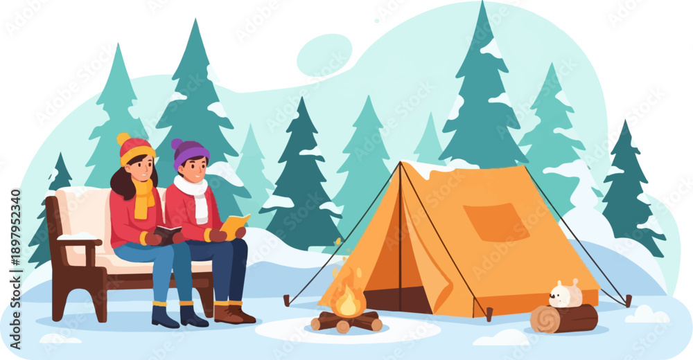 Fototapeta premium Two people reading by a campfire next to a tent in a snowy forest