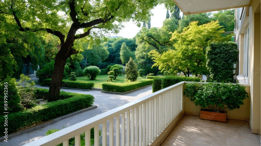 Fototapeta premium Balcony overlooking green park garden with trees