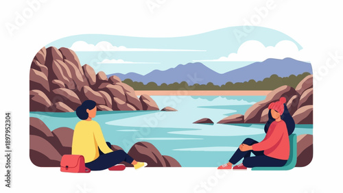 Two people enjoying a scenic coastal view with mountains in the background