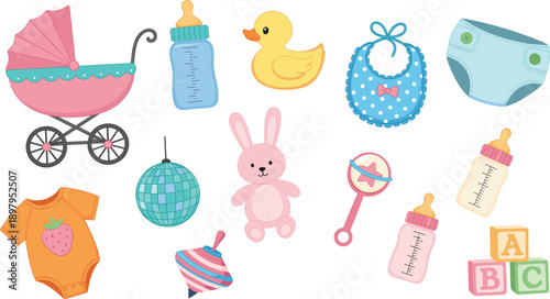 Cute baby items vector set with stroller, bottles, toys, clothes, rabbit and nursery accessories illustration