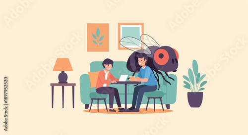 Two people enjoying coffee are interrupted by a giant fly