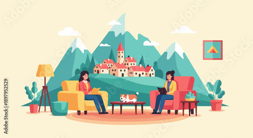 Two people relax indoors while a small village and mountains are depicted in background