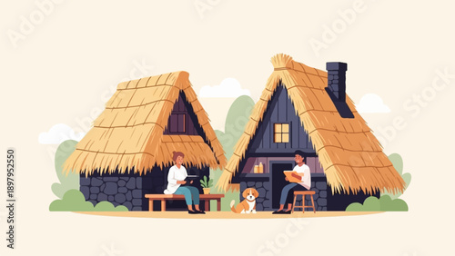 Two people reading outside thatched roof houses with a dog