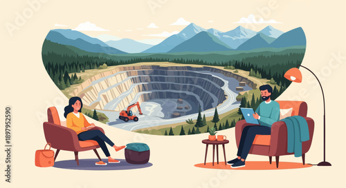 Two people relax indoors while a vast open-pit mine operates outdoors