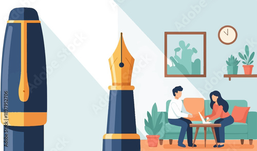 Two people sit on a couch with a laptop on a table, a large pen in foreground