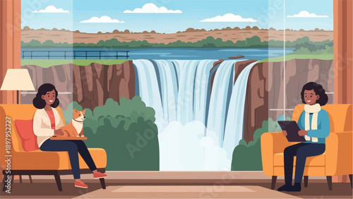 Two people relax indoors with a dog, enjoying a scenic waterfall view
