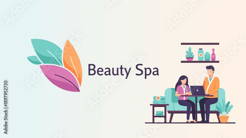 Two people sit on a couch with a laptop, surrounded by spa-themed decor