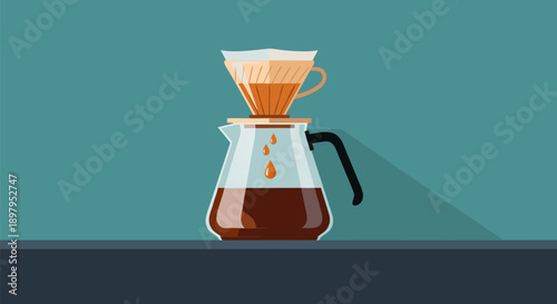 Brewing Fresh Coffee A Vibrant Vector Illustration of a Pour-Over Coffee Maker with Dripping Coffee