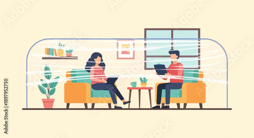 Two people sit apart in chairs, separated by a transparent barrier